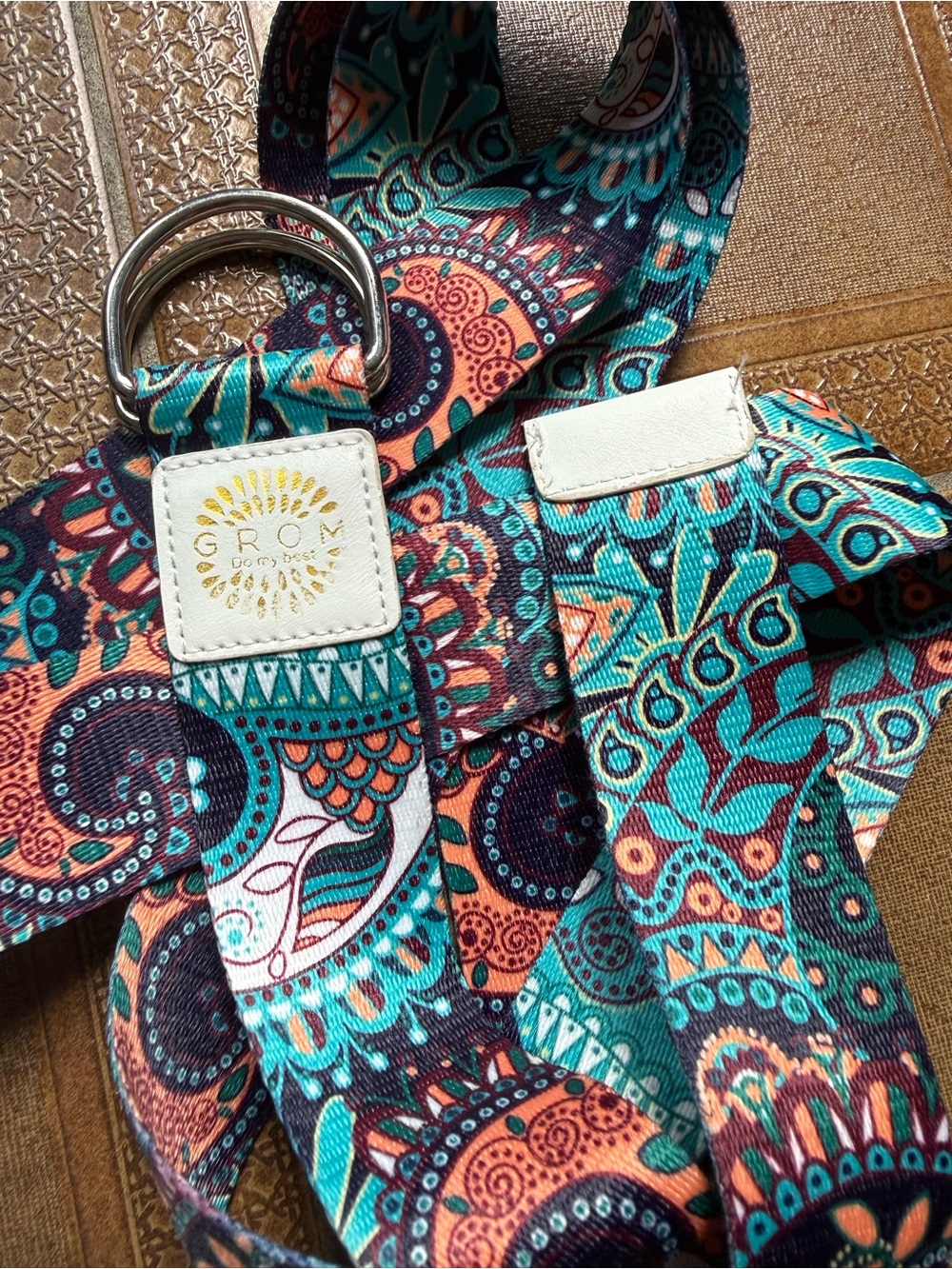 Namaste Turquoise & Coral Patterned Fabric yoga belt